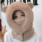 Thickened Plush Bear Ears One-Piece Mask Hat Scarf