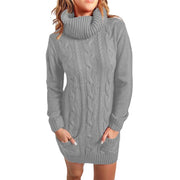 Women Autumn Winter Turtleneck Sweater Dress Long Sleeve Round Neck Knit Dress