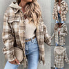 Women's Hooded Plaid Button Lapel Long Sleeve Jacket with Pockets