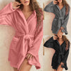 Women Solid Color Long Sleeve Warm Fleece Hooded Home Bathrobe