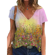 Womens Summer Printed V-Neck Colorful Short Sleeve T-shirt