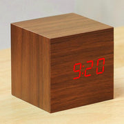 Wooden Cube LED Alarm Clock Voice Control Time/Date/Temperature Display