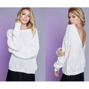 Womens Sexy V-Neck Backless Off-Shoulder Long Sleeve Sweater