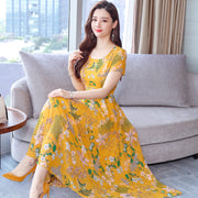 Womens Bohemian Short Sleeve Long A-line Elegant Floral Dress