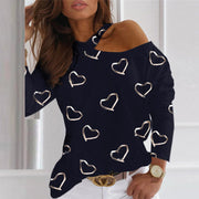 Women Sexy Long Sleeve Love Heart One Shoulder Hollow Out Blouse