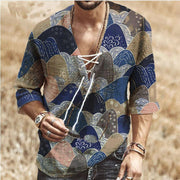 Men's V Neck Floral Print Chest Lace-up Half Sleeve Top